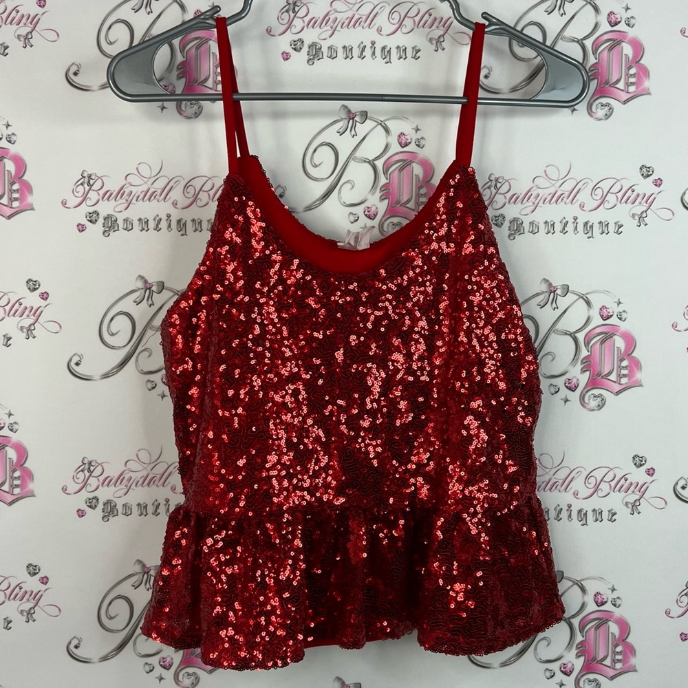 No Boundaries tank top ruffle hem sparkly embroidered Red Sequin Camisole